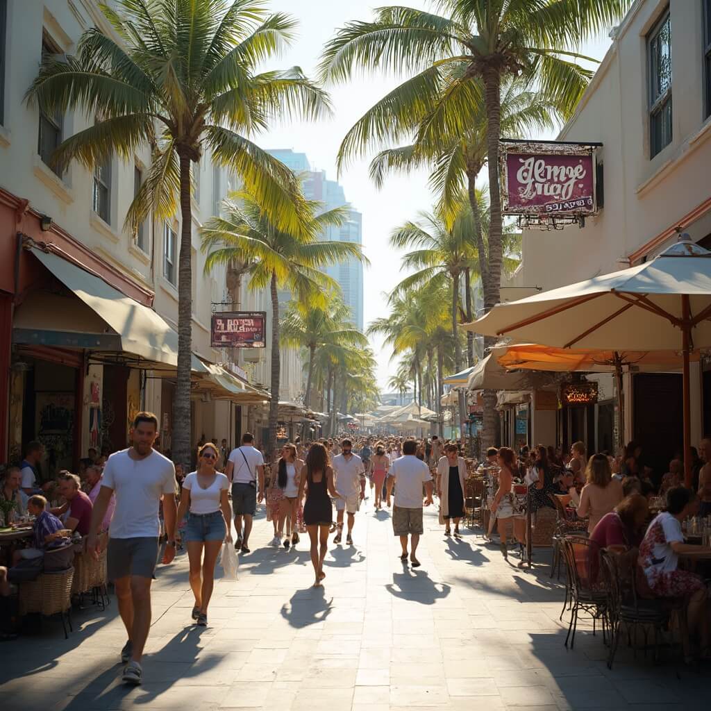 Bustling Lincoln Road pedestrian street in Miami with diverse crowd, outdoor cafes, street performers, boutique storefronts, and palm trees in sunlight