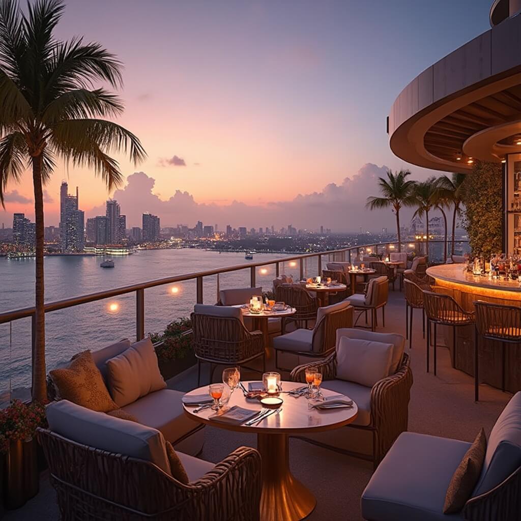 Elegant rooftop restaurant with modern furniture overlooking Miami skyline at sunset, showcasing city lights, tropical cocktails, and palm silhouettes against orange and pink sky