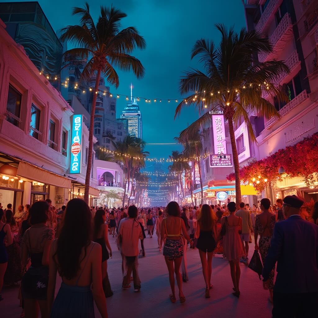 Nighttime view of Miami Beach's vibrant entertainment district showcasing neon-lit nightclubs, diverse crowds, and high-end venues