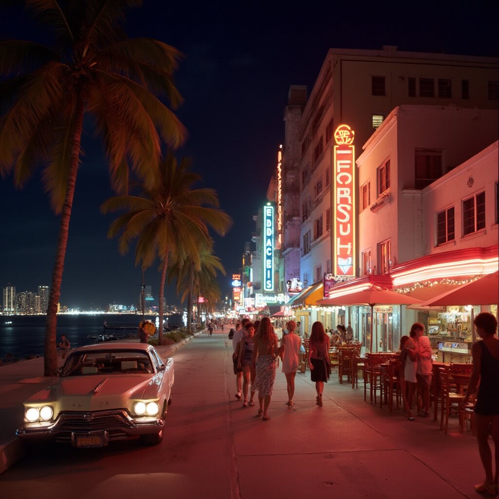 Neon-lit Art Deco hotels on Ocean Drive, South Beach at night in September with palm trees, vintage cars, and people strolling past cafes and bars
