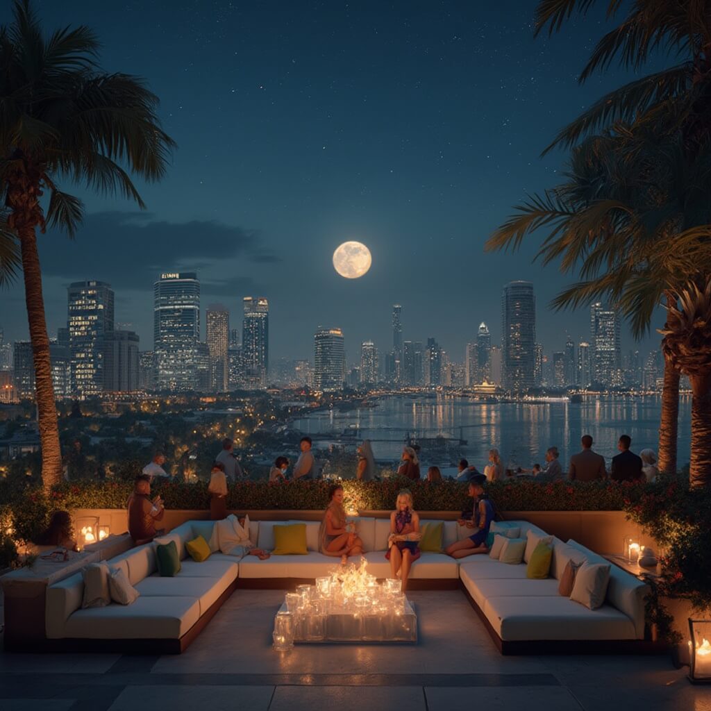 Elegant rooftop lounge in Miami at night with modern furniture, guests enjoying cocktails, potted palms, and Art Deco buildings under a starlit November sky.