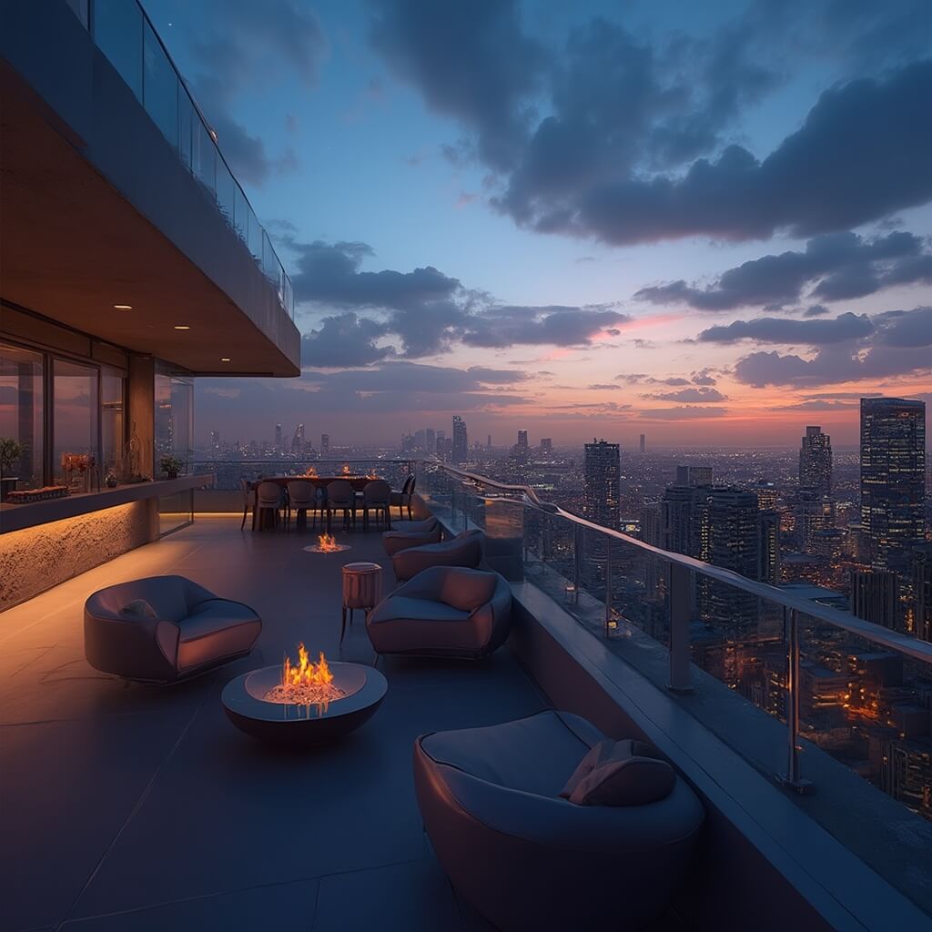 Twilight view of Miami skyline from a rooftop bar with modern design, minimalist furniture, cocktails on table, and sunset colored sky