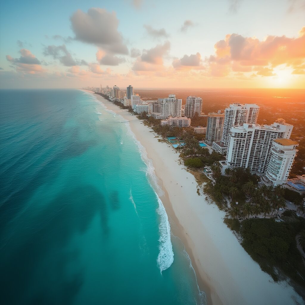 Aerial view of South Beach Miami at sunset with vibrant blue ocean, white sandy beach, luxury hotels, palm trees, and clear water with gentle waves