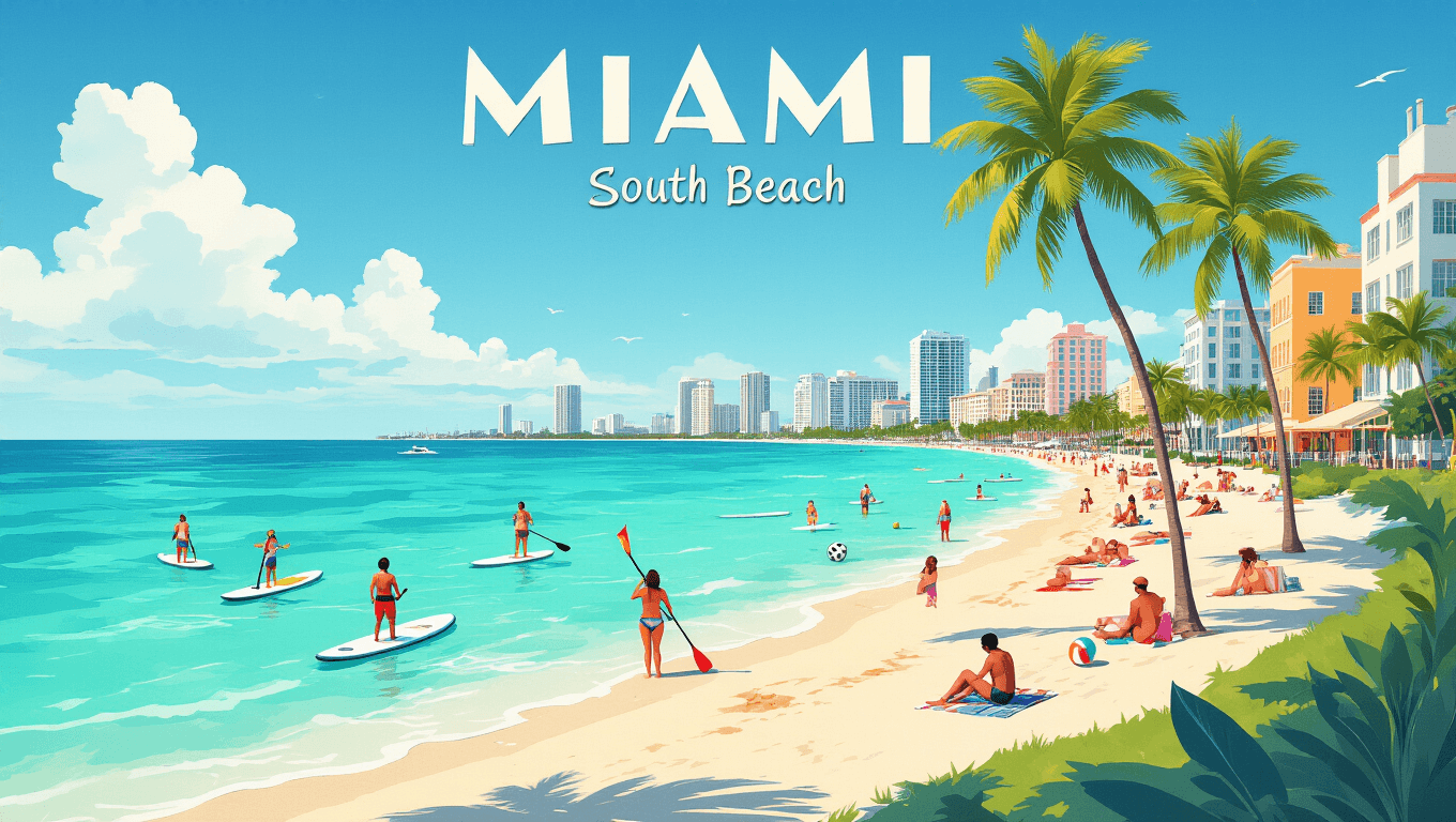 "Illustration of Miami's South Beach in spring, featuring turquoise waters, palm trees, Art Deco architecture, and diverse beach activities; with subtle references to Miami Beach Pride Parade and Miami Film Festival."