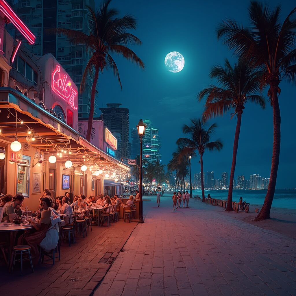 Diners enjoying Cuban food at an outdoor cafe under string lights, with neon-lit Art Deco buildings along Ocean Drive, palm trees, and full moon over the ocean in the background, in Miami's South Beach.
