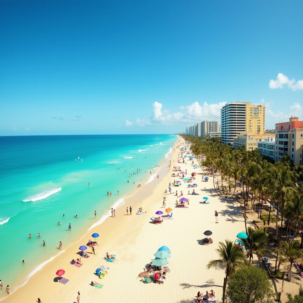 Panoramic view of South Beach, Miami with beach volleyball, Art Deco buildings, palm trees, sunbathers and colorful umbrellas along the golden sands.