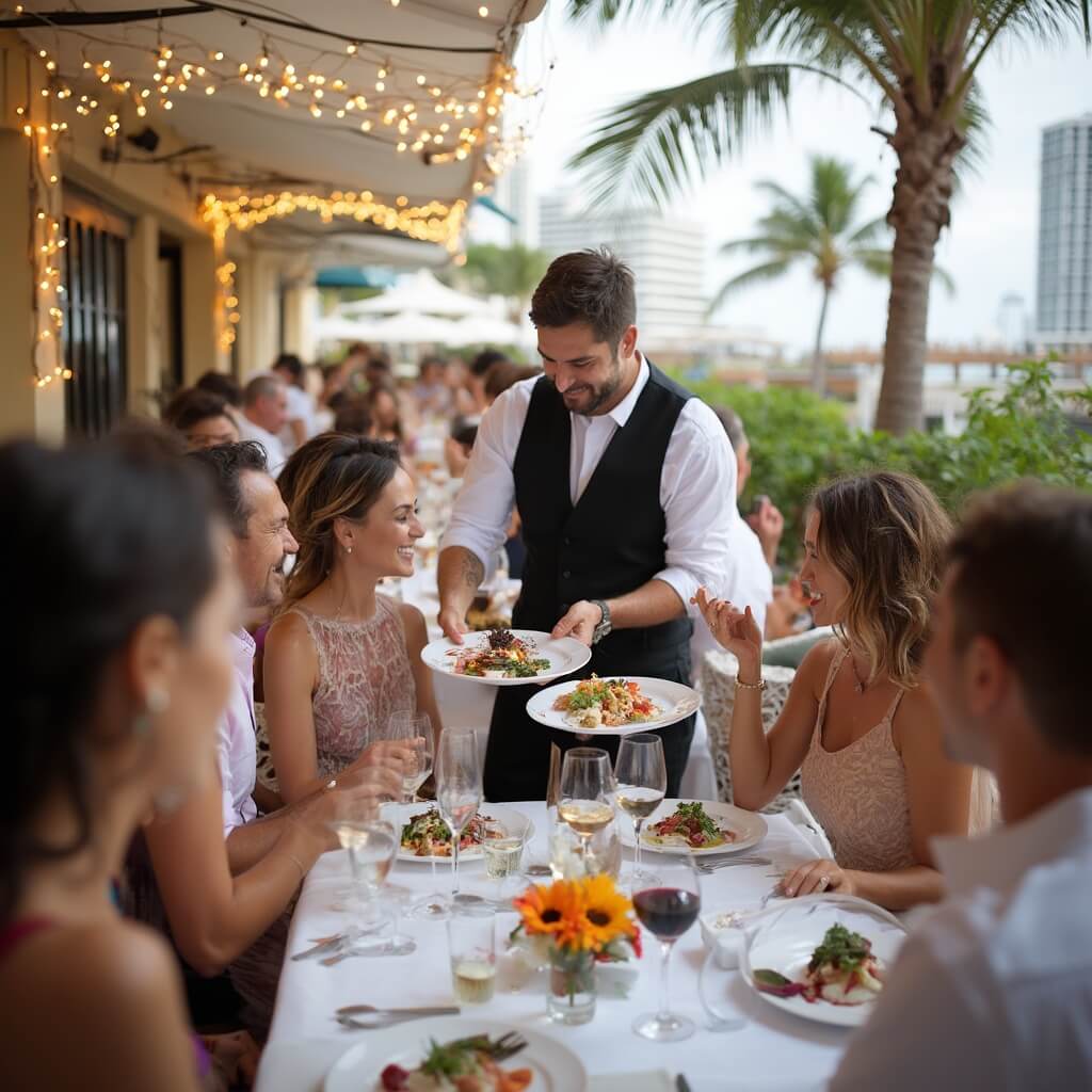 Elegantly dressed diners at a bustling outdoor restaurant terrace in South Beach enjoying Miami Spice Restaurant Months, with Art Deco architecture in the background and a waiter presenting a gourmet dish