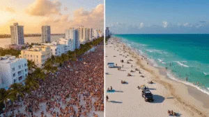 "Split-screen aerial photo of Miami Beach's Ocean Drive comparing a past chaotic spring break crowd and the current orderly scene with visible police and patrol vehicles, shot during golden hour from a drone perspective."