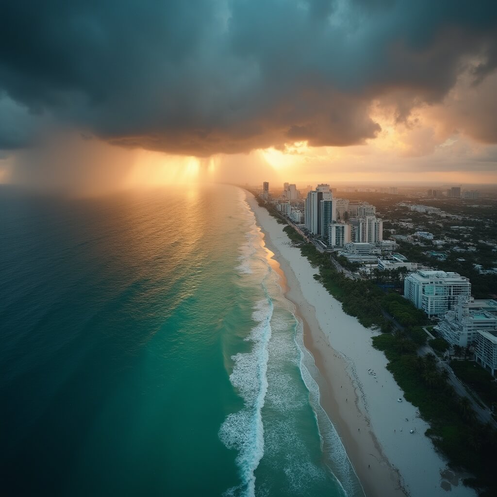 Aerial view of Miami South Beach at sunset with incoming storm clouds, lightning in the distance, and golden sunlight piercing through over a vibrant turquoise ocean and empty sandy beach