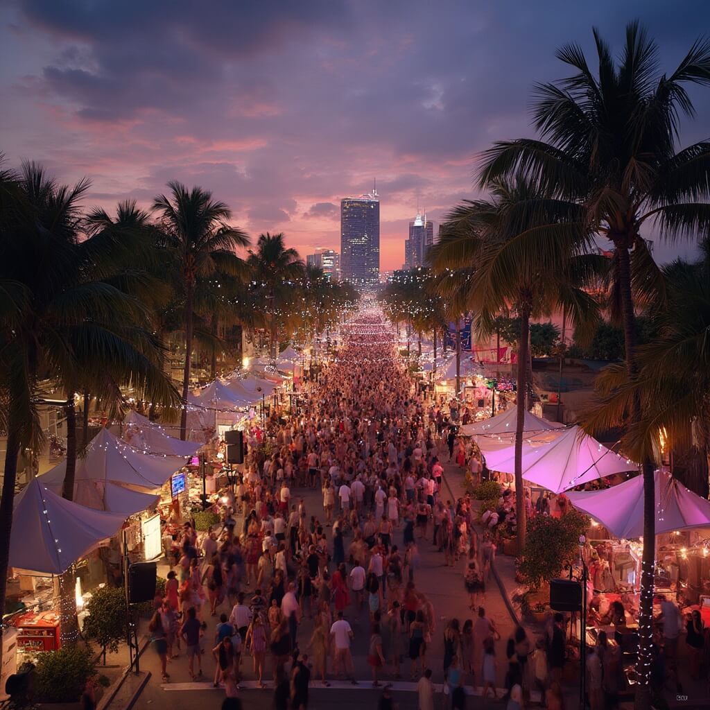 Aerial view of a bustling Miami street festival at dusk with colorful lights, food stalls, art displays, and dancing crowds under a sunset sky, with Miami skyline in the background