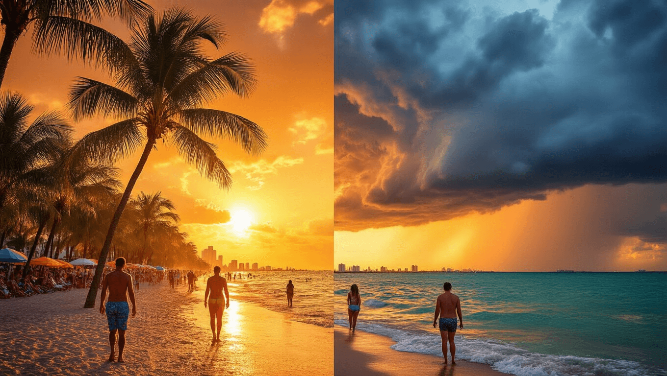 "Tropical Miami Beach in July with sun-drenched sands, swaying palm trees, people in summer clothing, and an incoming afternoon thunderstorm creating a vibrant golden-orange sunset."
