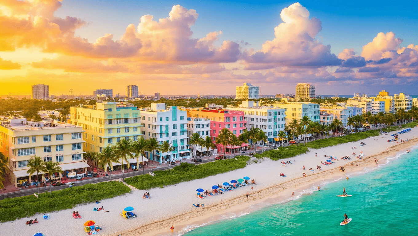 "Aerial view of South Beach Miami at sunset, highlighting pastel Art Deco buildings, turquoise water, white beaches, palm tree-lined streets, bustling beach activities, colorful umbrellas and paddleboarders in crystal clear water with cumulus clouds indicating a storm in the distance"
