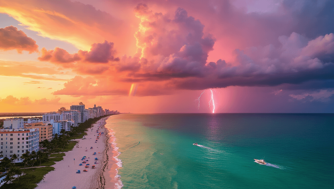 "Aerial view of Miami Beach at sunset in September with pink and orange-lit storm clouds, turquoise waters, sparse beach-goers, swaying palm trees, lightning strikes over the ocean, Art Deco buildings, yacht trails and a partial rainbow amidst the storm."