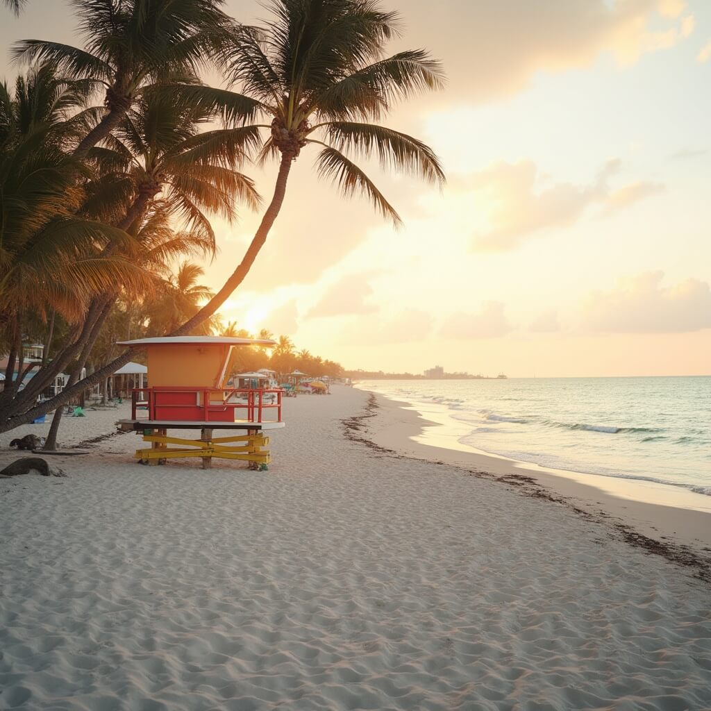 Golden sunset at South Beach with palm trees, pristine sand, turquoise waters and Art Deco lifeguard stands