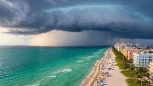 "Aerial view of Miami Beach's coastline on a summer afternoon, depicting a contrast of clear turquoise waters and looming storm clouds with visible lightning over the Art Deco district. Palm trees sway in the wind along Ocean Drive and sunbathers flee from the storm. The image dramatically captures the colorful beach scene and approaching weather, highlighting the pastel-colored South Beach skyline in golden afternoon light."