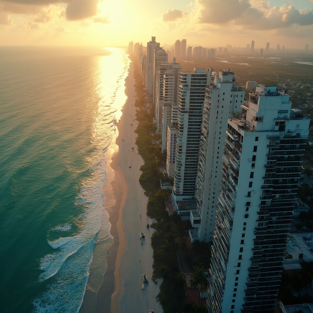 Aerial view of Miami Beach's urban landscape during golden hour, showing dense concrete buildings, scant green spaces and ocean contrast, heat waves rising off surfaces, exhibiting cinematic urban heat island effect.