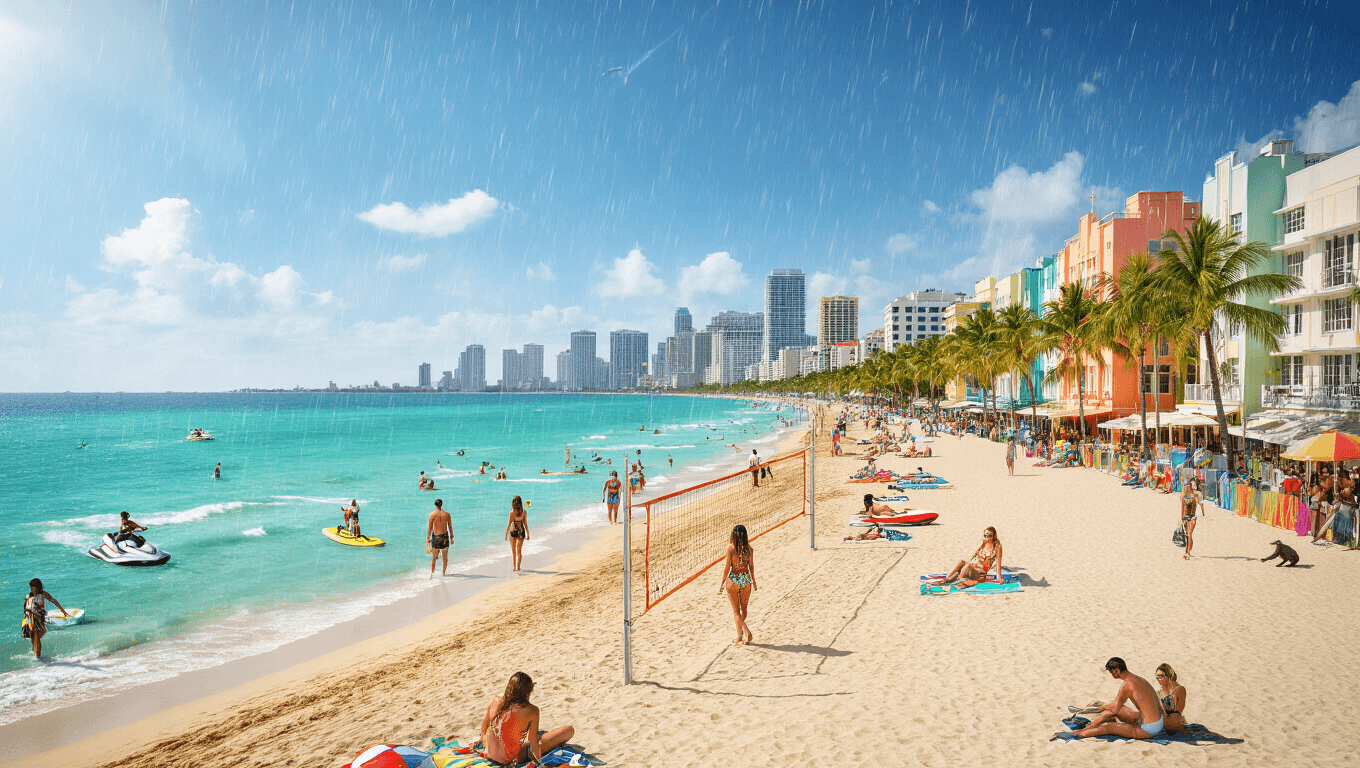 "Photorealistic digital illustration of a lively South Beach scene in Miami during June, featuring a golden beach, turquoise ocean, colorful Art Deco buildings, people engaging in beach activities, eco-tourists observing wildlife, models on a runway, water sports, Juneteenth and Caribbean Heritage month decorations, a brief rain shower, and the Miami skyline in the evening glow."