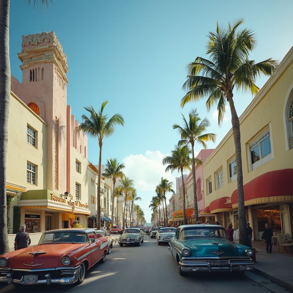 Vintage 1950s cars parked on Ocean Drive in Miami's Art Deco district, with pastel buildings, swaying palm trees and pedestrians in light jackets under a sunny blue sky