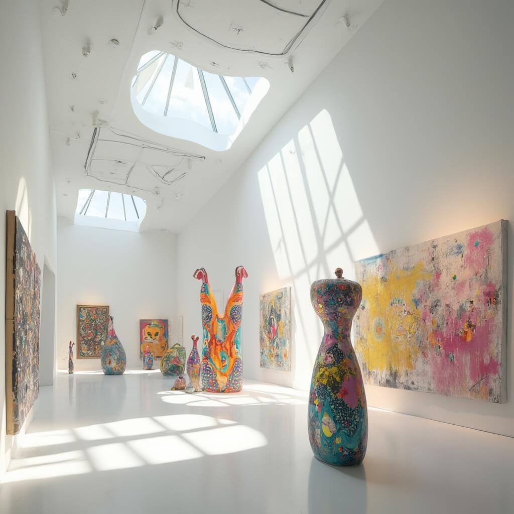Interior of a contemporary art museum featuring colorful abstract sculptures and avant-garde installations, illuminated by bright natural light casting artistic shadows on white walls