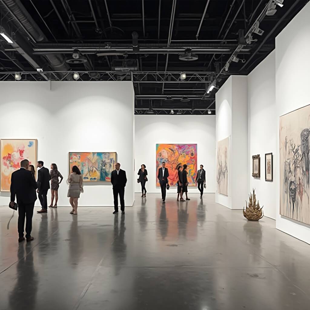 Art Basel exhibition interior with contemporary art installations, abstract sculptures, and paintings, blurred figures of international art enthusiasts in the background