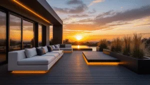 A cinematic ultra-wide shot of a luxurious L-shaped black composite deck at sunset, featuring dramatic shadows, modern seating, LED lighting, and ornamental grasses, captured in hyper-realistic detail with teal and orange color grading.