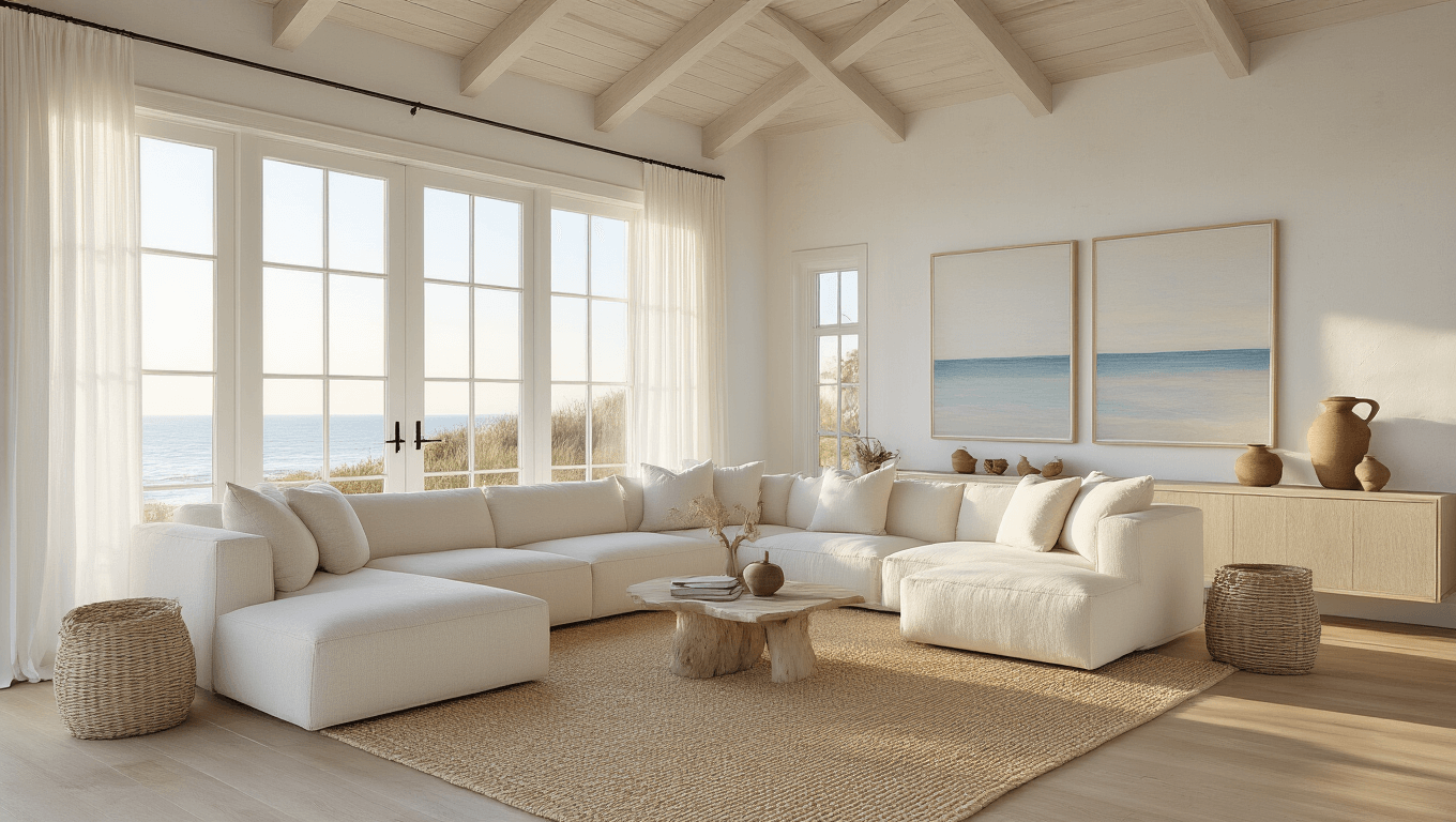 Photorealistic coastal living room bathed in golden hour sunlight, featuring a cream bouclé sectional sofa, layered natural fiber rugs, vaulted whitewashed ceiling beams, and minimal artwork, captured from a low corner angle with a soft focus on textural details.