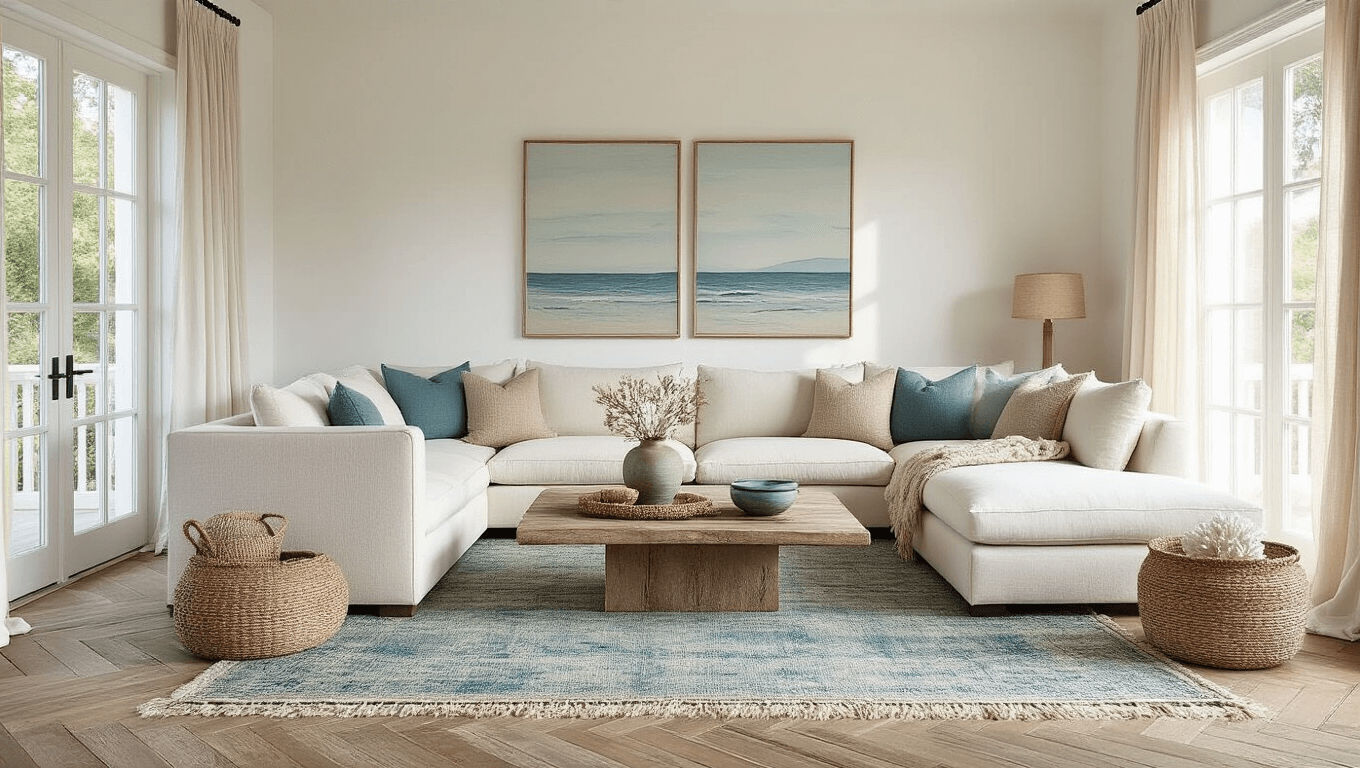 Cinematic interior of a sun-drenched coastal living room with a Belgian linen sectional, whitewashed walls, herringbone wood floor, and layered vintage Moroccan rugs, showcasing large windows, handwoven baskets, and textured ceramics, all in a warm color palette.