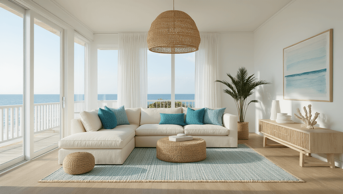 A wide-angle view of a luxurious coastal living room featuring a cream linen sectional with blue pillows, large windows allowing natural light, woven rattan pendant lamp, bleached oak floors with jute and wool rugs, and a minimalist console with ceramics and coral, all highlighted by sheer curtains and an abstract seascape.