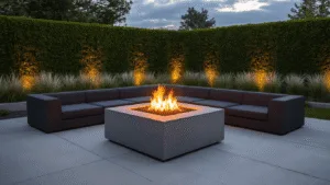 Photorealistic image of a modern square concrete fire pit surrounded by charcoal sectional seating in a minimalist backyard at twilight, with warm flames and subtle smoke creating a cozy atmosphere, illuminated by architectural LED uplighting against geometric hedges and silver grass.