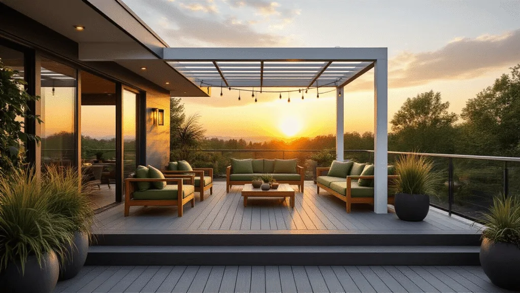 Corner Decking Ideas: Transform Unused Spaces into Outdoor Retreats A luxurious corner deck at sunset featuring a charcoal composite deck, sleek white aluminum pergola, mid-century modern furniture with sage green cushions, potted plants, string lights, and a small water feature, all captured in a warm, photorealistic style.