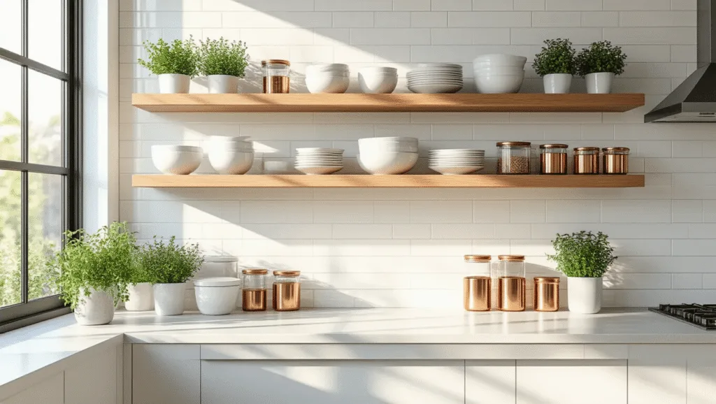 Kitchen Open Shelving: Transform Your Space with Modern Decor Magic Photorealistic image of a sunlit modern kitchen featuring three-tiered floating oak shelves, white ceramic dinnerware, glass storage containers, and potted herbs against a white subway tile backsplash, captured at a 45-degree angle with soft natural lighting.