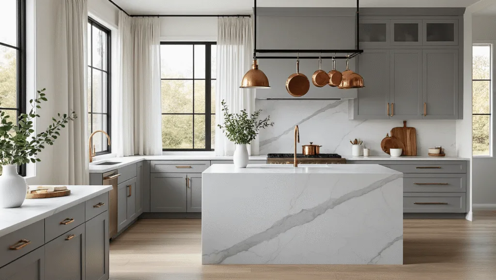 Gray Kitchen Cabinets: The Ultimate Design Chameleon for Modern Homes A luxurious modern kitchen features light gray shaker cabinets, a white Carrara marble waterfall island, and dark charcoal quartz countertops, illuminated by natural sunlight from floor-to-ceiling windows. Copper cookware hangs from a matte black pot rack, while fresh eucalyptus and artisanal wooden cutting boards add a touch of warmth. The space has wide-plank white oak flooring and is styled with warm brass pendant lights, captured in photorealistic detail.