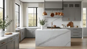 A luxurious modern kitchen features light gray shaker cabinets, a white Carrara marble waterfall island, and dark charcoal quartz countertops, illuminated by natural sunlight from floor-to-ceiling windows. Copper cookware hangs from a matte black pot rack, while fresh eucalyptus and artisanal wooden cutting boards add a touch of warmth. The space has wide-plank white oak flooring and is styled with warm brass pendant lights, captured in photorealistic detail.