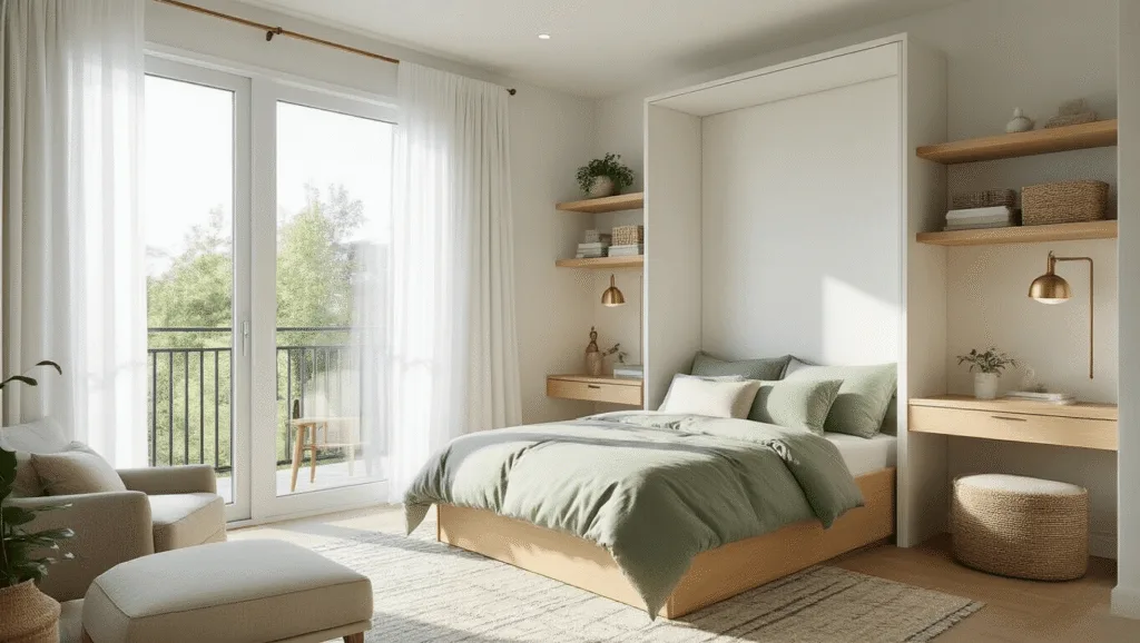 Transforming Small Bedrooms: Genius Space-Maximizing Design Secrets A photorealistic wide-angle view of a compact modern minimalist bedroom featuring a Murphy bed, built-in shelving, and a fold-down desk, all bathed in morning sunlight from floor-to-ceiling windows, showcasing a soft sage green and cream color palette with layered textures and metallic accents.