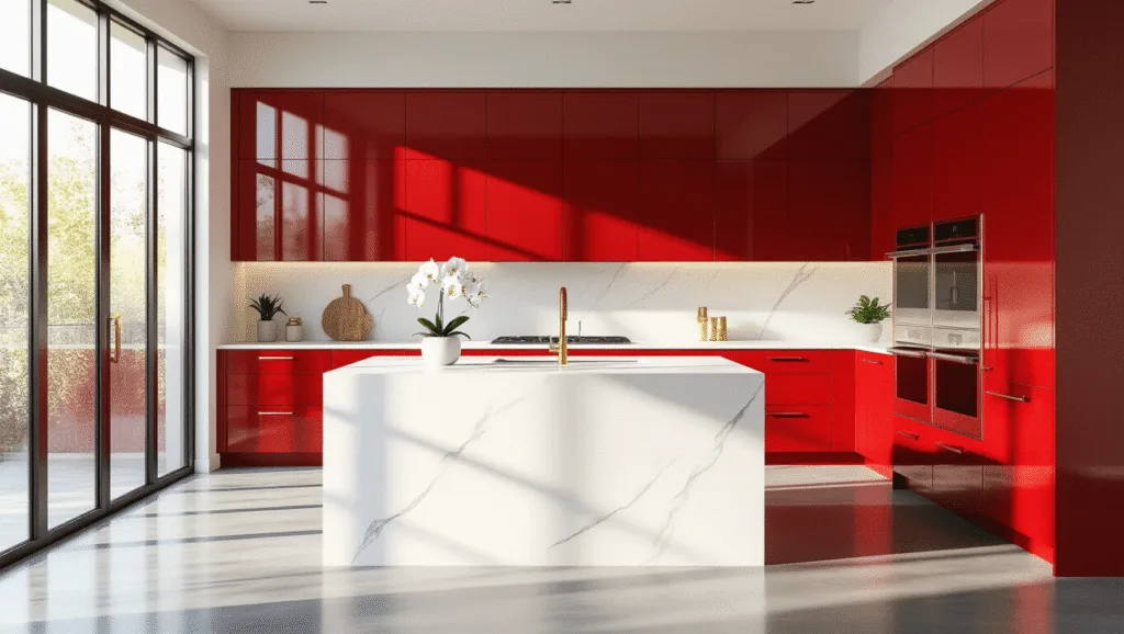 Red Kitchen Cabinets: Bold Style for Modern Homes Photorealistic image of a luxurious modern kitchen featuring vibrant cherry red cabinets, white quartz countertops, a large island, stainless steel appliances, and brushed gold hardware, illuminated by warm natural light through floor-to-ceiling windows, with polished concrete floors and minimal styling.