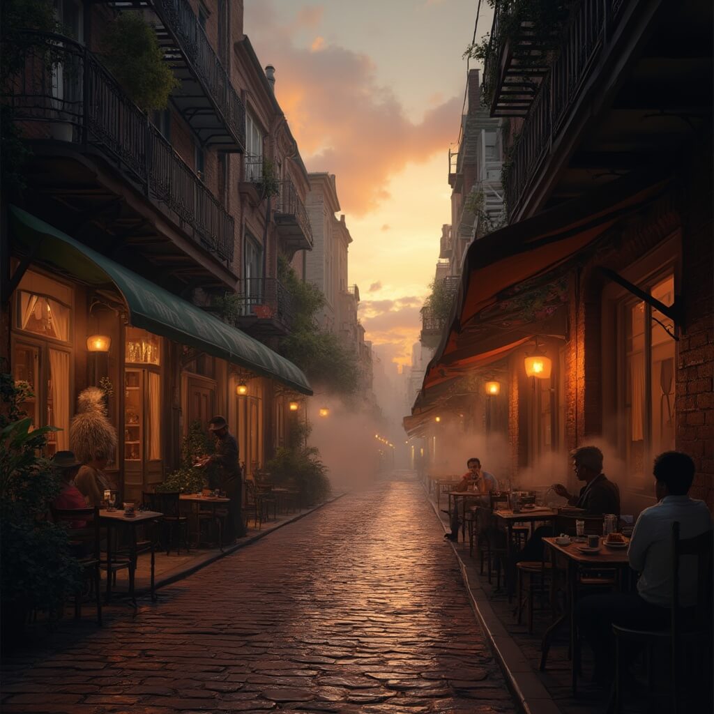 Sunset in Ybor City's historic district with brick buildings, Cuban cigar rollers in shop windows, vintage awnings over outdoor cafe tables, and glowing street lamps