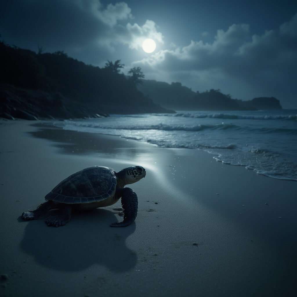 Sea turtle emerging from beach under moonlight with waves in the distance and dark coastal vegetation in the background