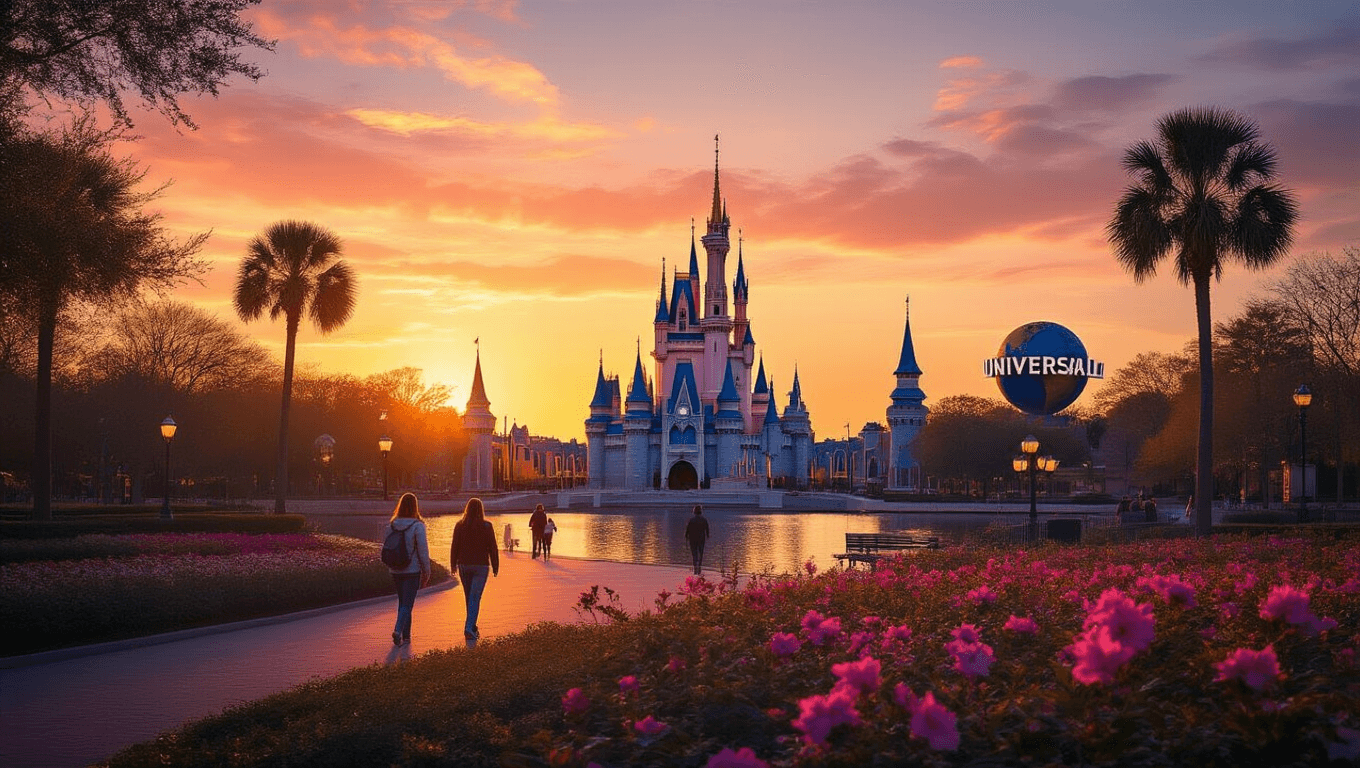 "Panoramic sunset view of Orlando skyline featuring iconic theme park attractions, blooming flowers, and palm trees, with tourists enjoying the mild February weather."