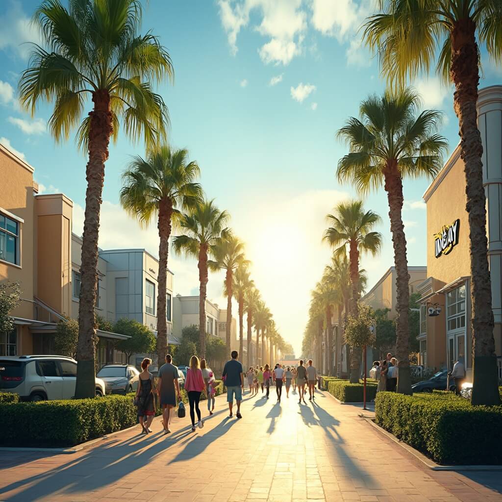 Sunny Orlando winter landscape with tourists, lush palm trees, clear blue sky, urban elements under golden sunlight