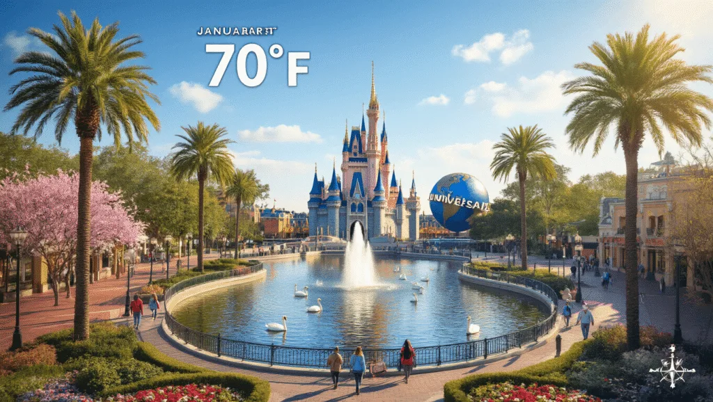 "Aerial view of sunny Orlando in January, showcasing sunlit theme parks, Lake Eola, swan boats, and visitors enjoying the outdoors, with a thermometer reflecting 70°F."
