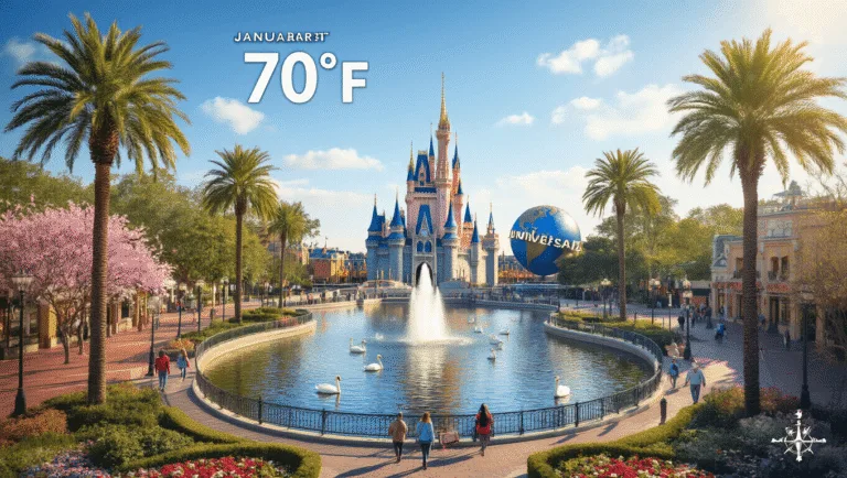 "Aerial view of sunny Orlando in January, showcasing sunlit theme parks, Lake Eola, swan boats, and visitors enjoying the outdoors, with a thermometer reflecting 70°F."