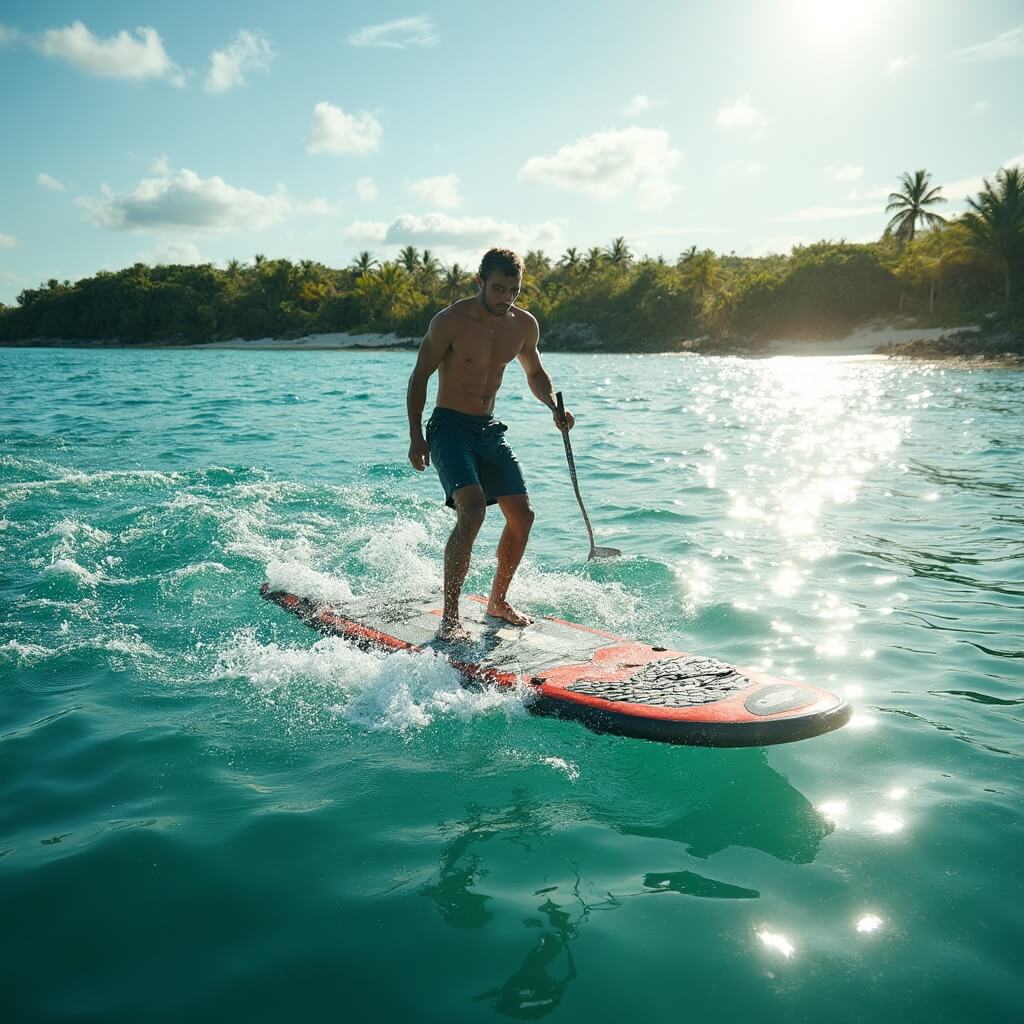 Stand-up paddleboarder in bright clothing navigating sparkling coastal waters near the Thousand Islands with sunlight reflecting off the water and lush tropical vegetation on distant shore