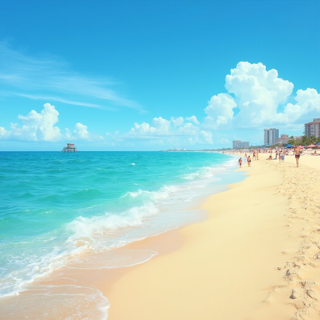 Sunny day at Cocoa Beach with clear blue waters, golden sand, distant lifeguard tower, beachgoers with umbrellas, and wispy clouds in the sky