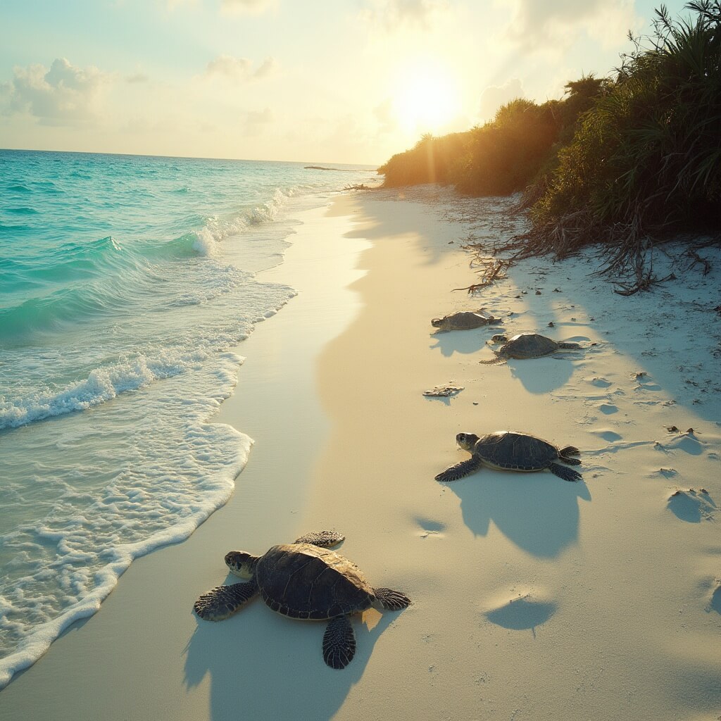 South Beach sunrise with sea turtle nests, tropical vegetation, and turquoise ocean view in a natural conservation environment, no people visible