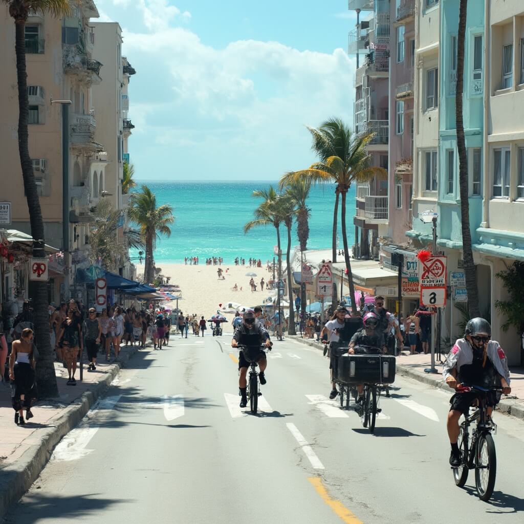Quiet Ocean Drive in Miami Beach during spring break 2025 with police bicycle patrols, visible 'No Public Drinking' signs, sparse groups of tourists, art deco buildings, and nearly empty beach adhering to strict distancing rules.