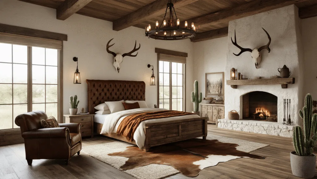 🤠 Western Bedroom Design: Creating Your Perfect Rustic Retreat Photorealistic interior of a spacious western luxury bedroom featuring a reclaimed barn wood king bed with a tufted cognac leather headboard, cream linen bedding, a vintage saddle leather armchair, and a floor-to-ceiling stone fireplace, accented by wrought-iron chandelier, mounted antlers, and southwestern pattern pillows, illuminated by golden hour sunlight.