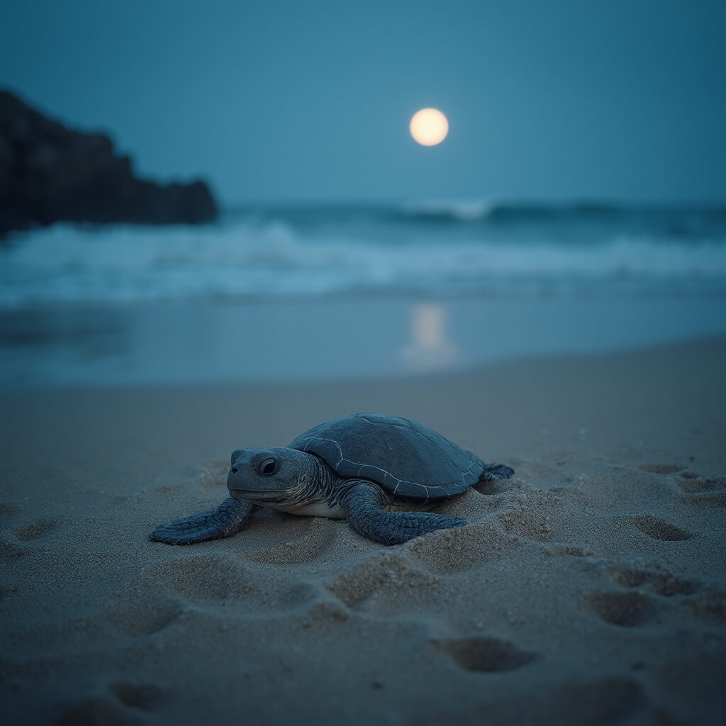 Sea turtle hatchling emerging from sand at twilight, illuminated by soft moonlight on textured sandy beach, with ocean waves in the distant, in a pristine natural environment