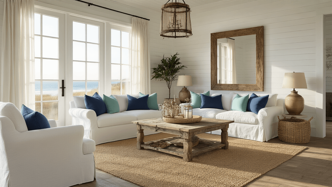 Sun-drenched coastal farmhouse living room with a white slipcovered sofa, navy and seafoam pillows, reclaimed driftwood coffee table, and warm golden hour lighting streaming through sheer linen curtains, featuring a shiplap accent wall and a fiddle leaf fig in the corner.