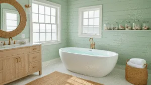 A serene coastal bathroom showcasing a white oval soaking tub against seafoam green shiplap walls, light oak vanity with brass hardware, and round rattan-framed mirror, bathed in soft morning light.