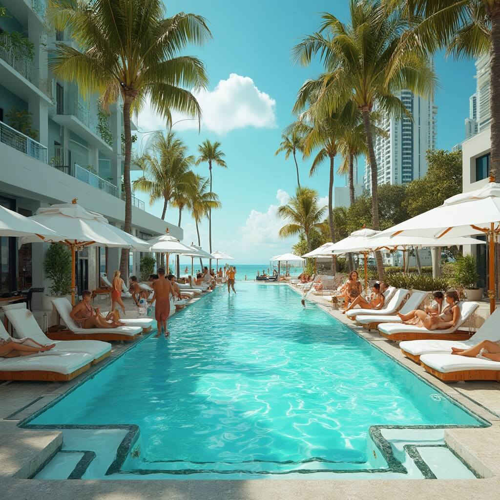 Luxurious South Beach hotel pool area with glistening turquoise water, white loungers and cabanas, guests relaxing with cocktails, palm trees for shade and high-rise buildings in the background